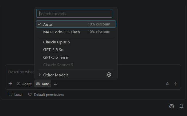 GitHub Copilot screen for model selection. Auto with 10% discount is selected.