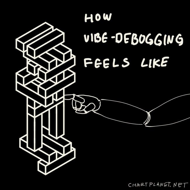 Weird and physically impossible Jenga tower and a text saying "How vibe-debugging feels like."